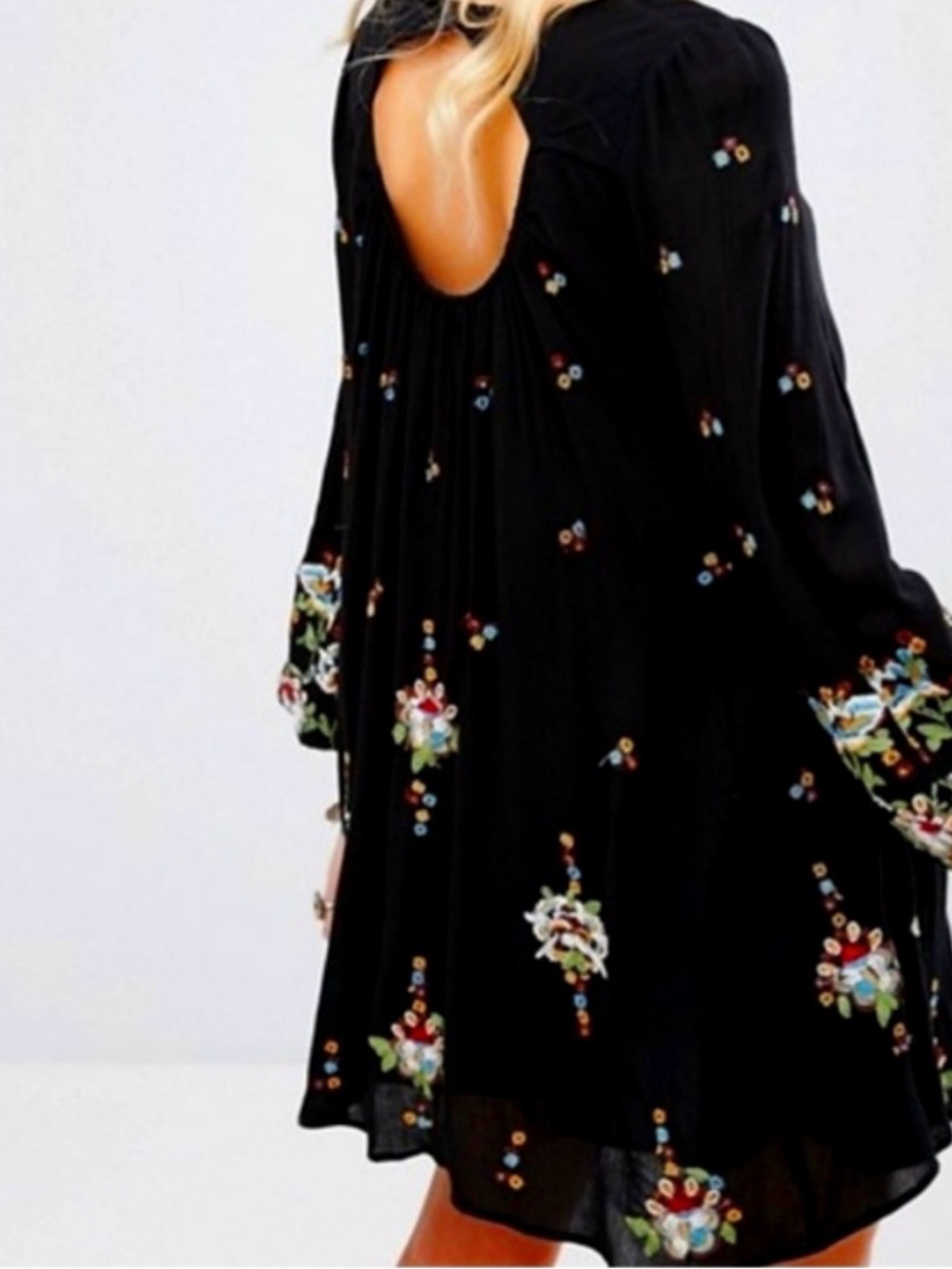 Free People Oxford Swing Dress Women’s size Small Black Embroidered Boho Dress